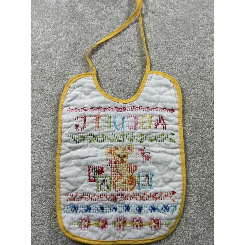 Vintage Hand Embroidered Baby Bib Alphabet Bear Blocks Yellow Trim Nursery Decor